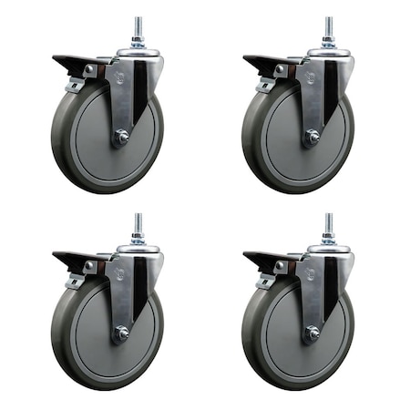 Service Caster 6 Inch Gray Polyurethane 38 Inch Threaded Stem Caster Set with Brake SCC-TS20S614-PPUB-PLB-381615-4